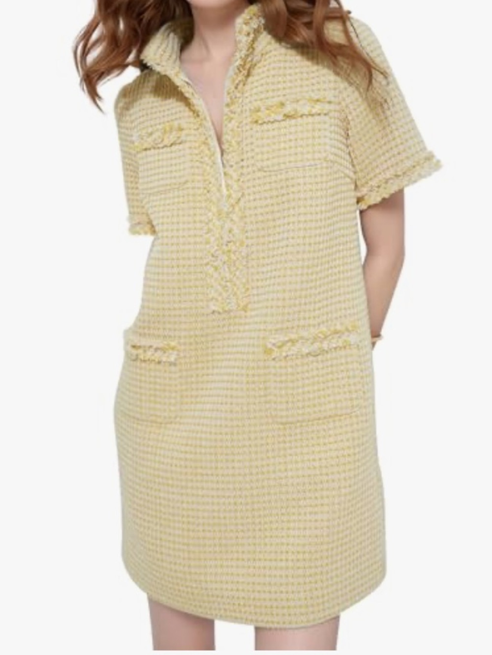 Soft Yellow Tweed Mini Dress with Fringe Trim